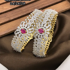 Indian Bangle Set American Diamond Bangle Gold Toned Crystal Bangle Bracelet Cubic Zirconia Silver Bangle CZ Stone Bridal Wedding Bangle 2Pc