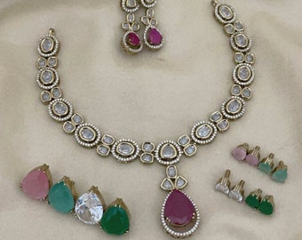Antique Matt Finish Gold Plated Bridal Real Kemp Necklace with Earrings CZ Necklace Purple Green Silver Teal Blue Cubic Zirconia Jewelry set