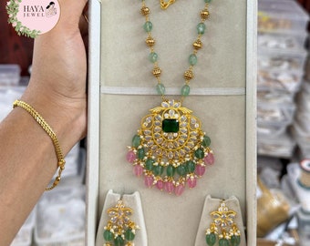 Emerald Necklace Pearl Kundan Long Necklace Indian Jewelry Pakistani Jewelry Long Pearl Necklace Swarovski kundan Jewelry Statement Jewelry