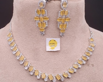 Yellow Diamond Necklace for Women with Yellow CZ Earrings, American Diamond Statement Bridal Jewelry set, Wedding Jewelry, canary necklace