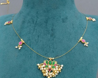 Ethnic Jadau Kundan Chain with Earrings Multicolor Jadau Kundan Choker Necklace Faux Pearls Lightweight Party Set Gold Tone Saree Jewelry