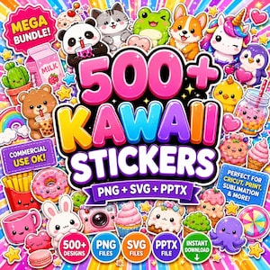 Puede incluir: Un paquete gráfico digital que incluye más de 500 pegatinas coloridas de estilo kawaii, con ilustraciones de animales, comida y objetos. El texto central dice 500+ KAWAII STICKERS, junto con etiquetas adicionales como MEGA BUNDLE y PNG + SVG + PPTX.