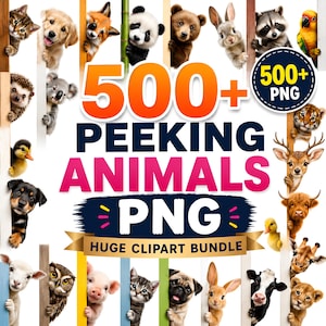 May include: A digital collection of 500+ peeking animals in PNG format, featuring a variety of creatures like cats, dogs, bears, and birds peering from behind vertical colored slats, with the text 500+ PEEKING ANIMALS PNG HUGE CLIPART BUNDLE.