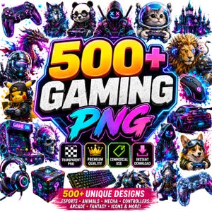 Puede incluir: Una colección digital de más de 500 archivos PNG de juegos con gráficos de neón vibrantes de mandos, animales, mechas, máquinas recreativas y personajes de fantasía. El texto central dice 500+ GAMING PNG con iconos de descarga.
