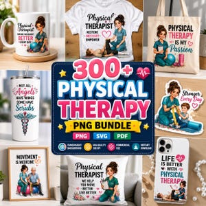 Könnte beinhalten: Eine digitale Sammlung von Designs zum Thema Physiotherapie mit Illustrationen von Therapeuten, medizinischen Symbolen und motivierenden Texten auf Tassen, T-Shirts, Tragetaschen, Bechern, Wandbildern, Kissen und Handyhüllen.