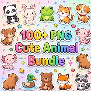 100+ kawaii djur clipart-paket, Chibi PNG-filer (digital nedladdning)