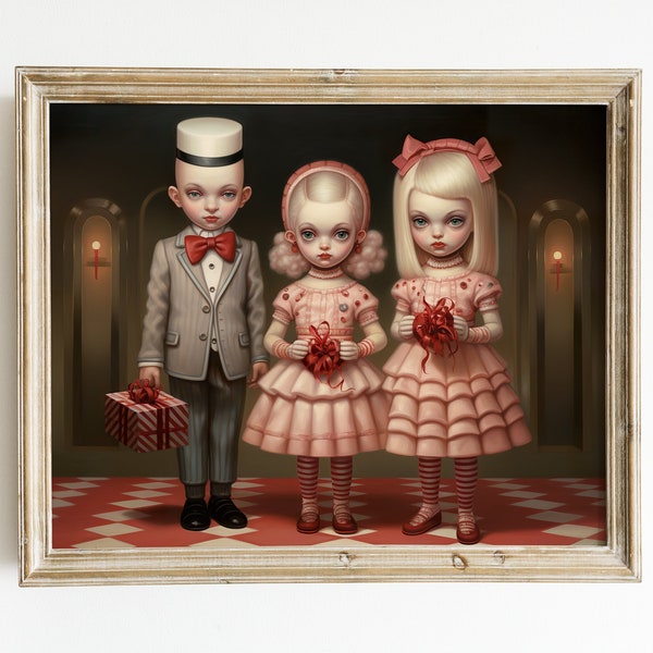 Three Eccentric Companions Visiting Home: A Mark Ryden-Inspired Holiday Adventure. Digital download. Printable image.