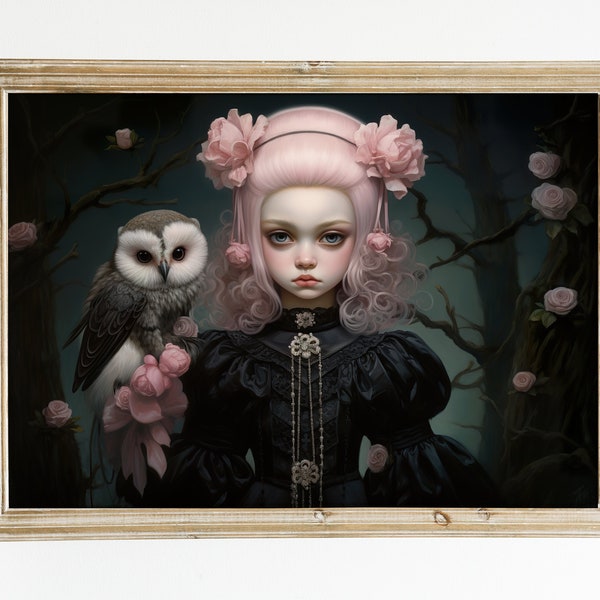 Mystical Plumage: Pink Portraiture. Artwork Inspired by Mark Ryden. digital download. printable image