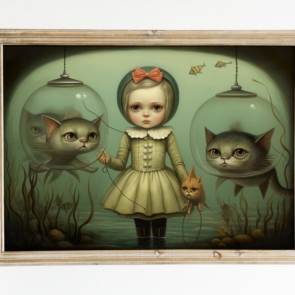 Beneath the Surface: The Girl's Surreal Aquatic Adventure. Artwork Inspired by Mark Ryden. digital download. printable image