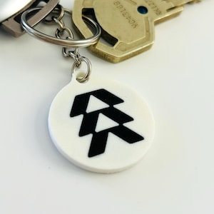 Può includere: Un portachiavi bianco e circolare con un design geometrico nero, attaccato a un portachiavi argentato. È visibile anche una chiave color oro. Il portachiavi è un accessorio semplice e moderno.