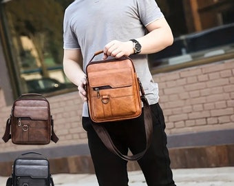 Umhängetasche Crossbody Tasche für Herren Vintage Vertikale Leder Handtasche im Retro Stil, Business Leder Umhängetasche