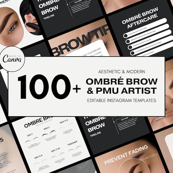 100+ Editable Instagram Templates for PMU Artists | Educational Ombre Powder Brow | PMU Aftercare | Permanent Makeup Artist | Canva Download