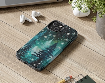 May include: A black phone case with a watercolor design of a forest scene with stars. The case has a dark green, blue, and white color scheme.