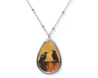 Two blackbirds on a wire at sunset Pendant Necklace, Autumn Nature Necklace.  Elegant Dainty Gift for her.  Fall, Boho, Crow, fun necklace.