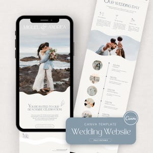 May include: A smartphone displays a wedding website template with the names "MIGUEL & ANDREA" at the top. The website features a photo of a couple embracing on a beach, and a timeline of the wedding day. The text "YOU'RE INVITED TO OUR BEACHSIDE CELEBRATION!" is also visible.