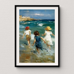 Niños alegres en la orilla: romántica nostalgia costera, escena costera impresionista, arte mural imprimible y divertido para decorar la playa.