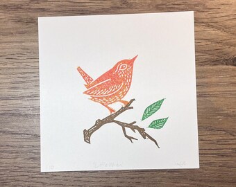 Little Wren, 4x4" 3-color Linoleum Art Print, Bird Print Wall Art, Hand Printed, Hand Carved, Original Artwork