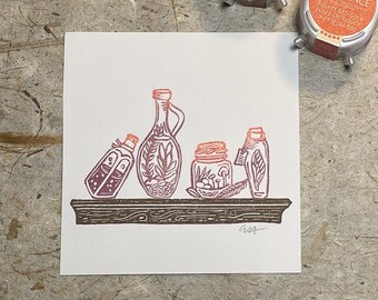 Apothecary Shelf, 4x4" Linoleum Art Print, Mini Sparkly Hand Carved Print, Hand Printed, Original Artwork by Emilie Hughes