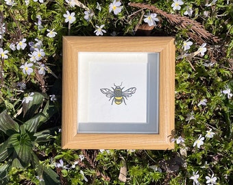 Tiny Bee, Mini Framed Linoleum Print, 4x4" Hand Carved and Hand Printed Bumblebee, Original Artwork, Wall Art Print, Small Wall Hanging