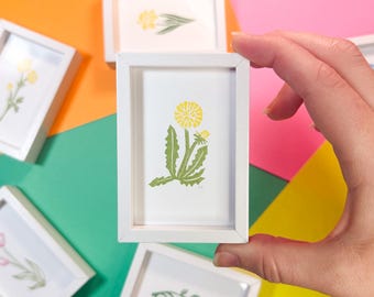 MINI Flower Linocut Print | Hand-Carved, Framed Magnetic Botanical Art