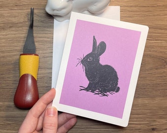 Bunny Linoleum Print Card, A2 size (4.25x5.5), Greeting Card, Easter Rabbit, Spring Block Print Card, Handmade, Hand printed
