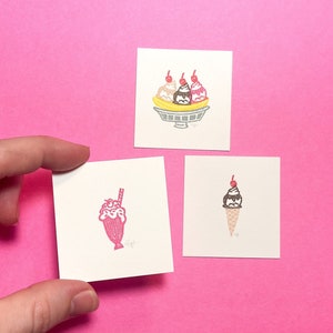 Mini Ice Cream Linocut Print Set | 3 Tiny Hand-Carved Dessert Art Prints | Cute Wall Decor
