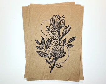 Magnolia, Floral Linoleum Print, 5x7" Hand Carved and Hand Printed on Upcycled Paper, Original Artwork by Emilie Hughes