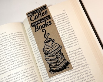 Coffee Bookmark, 2x6" Linoleum Print, High-Quality Original Linocut Print, Block Print Handprinted, Reading Gift, Artwork by Emilie Hughes