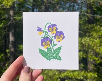 Violet Flower Mini Linoleum Print 4x4", Hand Carved, Hand Printed, Block Print, Original Wall Art, Unframed