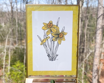 Daffodil Linoleum Print, Hand Carved and Hand Printed, Original Floral Block Print Artwork, Unframed