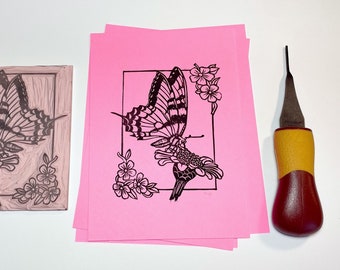 Tiger Swallowtail, Butterfly on Flower Linoleum Print, 5x7" Hand Carved and Hand Printed, Original Artwork by Emilie Hughes