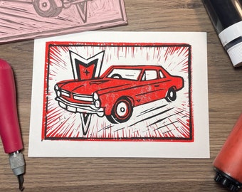 1965 Pontiac GTO, 5x7" High-Quality Original Linoleum Art Print, Signed and Numbered Block Print, Handprinted, Artwork by Emilie Hughes