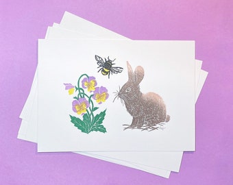 Spring Scene with Rabbit, Bumblebee, and Violet, Linoleum Print 5x7", Hand carved, Hand Printed, Original Wall Art, Frame not included