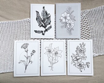 Floral Cards 5x7", Set of 5 Printed Cards from Original Artwork, Any Occasion Blank Notecards, Hand Drawn Flower Art, Envelopes Included