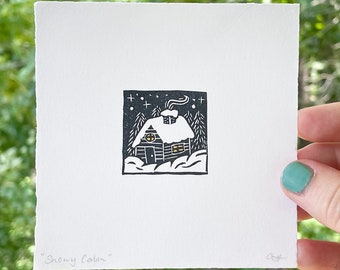 Tiny Snowy Cabin Linocut Print | Hand-Carved Mini Wall Art | Winter Landscape Decor