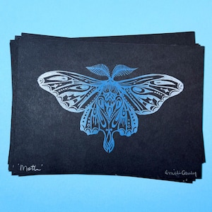 Moth Linocut Art Print, Hand Carved and Hand Printed, Whimsical Block Print Wall Art, Original Artwork, Unframed
