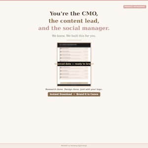 May include: A digital marketing infographic with text that reads "You're the CMO, the content lead, and the social manager." The image includes a blurred screenshot and the text "Sourced data - ready to brand." Additional text includes "Instant Download" and "Brand It in Canva."