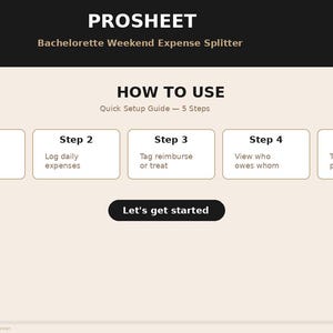 以下が含まれることがあります： 独身最後の週末の費用分割ツール「PROSHEET」のデジタルガイド。ガイドには、5つのステップからなるクイックセットアップガイドを備えた「HOW TO USE」セクションが含まれています。ステップには、パーティーの詳細の設定、費用の記録、支払いの追跡が含まれます。