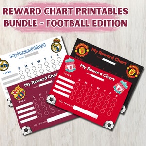 May include: Four printable reward charts featuring different football team logos. The charts are red, black, white, and maroon with a soccer ball graphic. Each chart has a space for a name, tasks, and a reward. The text on the charts reads "My Reward Chart".