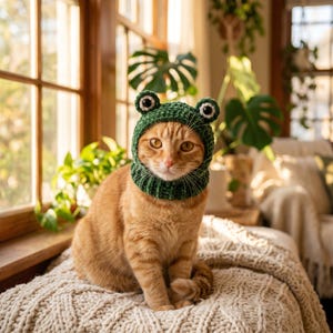 Könnte beinhalten: Eine rot getigerte Katze mit einem grünen gehäkelten Froschhut mit weißen und schwarzen Augendetails. Die Katze sitzt auf einer cremefarbenen Strickdecke in der Nähe eines Fensters. Der Hut bedeckt den Kopf und den Hals der Katze.