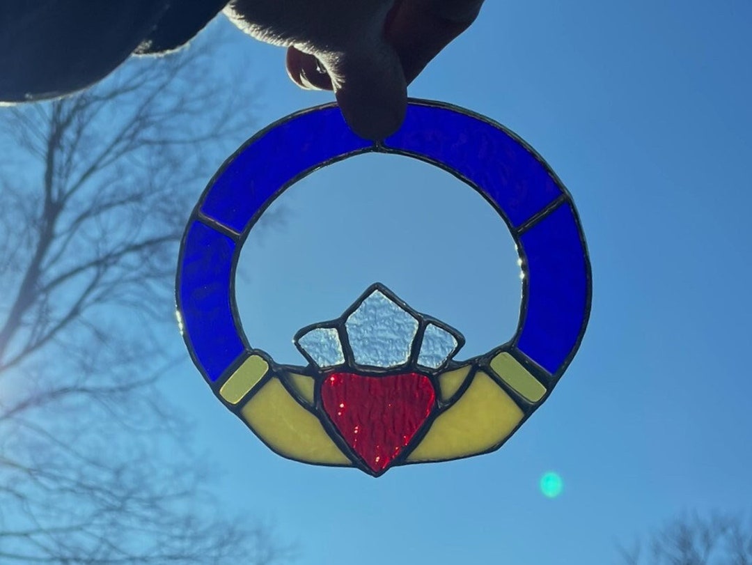 Blue Claddagh Ring Stained Glass, Glass Art, Suncatcher, Unique Home Décor, Unique Gift
