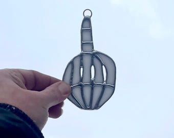Skeleton Middle Finger Stained Glass, Glass Art, Suncatcher, Unique Home Décor, Unique Gift,