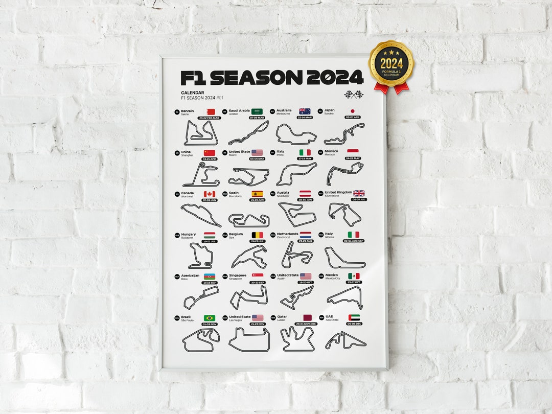 Formula 1 2024 Calendar Poster Printable Wall Art for F1 Fans and