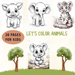 May include: A coloring book with 20 pages for kids featuring cute animal illustrations. The cover shows a pig, elephant, tiger, and a hamster. The title of the book is "Let's Color Animals".