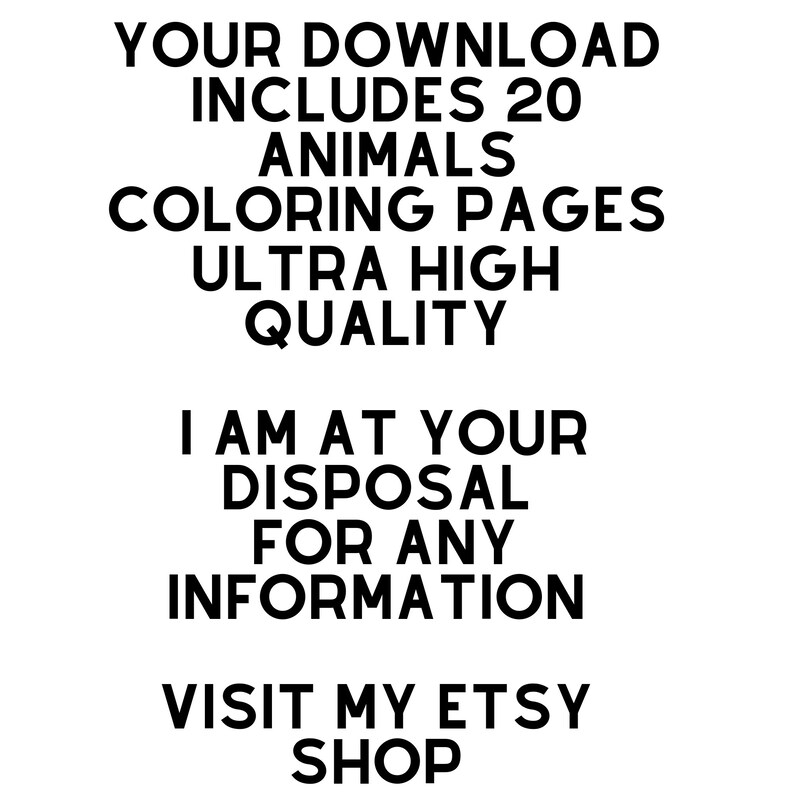 Puede incluir: Imagen de texto con el mensaje "Su descarga incluye 20 p&aacute;ginas para colorear de animales de ultra alta calidad. Estoy a su disposici&oacute;n para cualquier informaci&oacute;n. Visite mi tienda Etsy."
