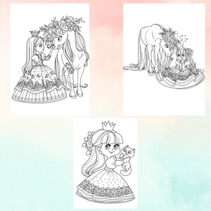 May include: A black and white coloring page featuring three illustrations of princesses. The first princess is with a unicorn, the second is reading a book with a unicorn, and the third is holding a cat.