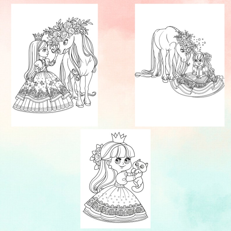 May include: A black and white coloring page featuring three illustrations of princesses. The first princess is with a unicorn, the second is reading a book with a unicorn, and the third is holding a cat.