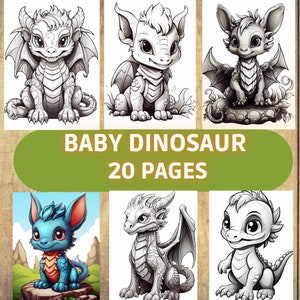 May include: A colouring book cover featuring six black and white illustrations of baby dinosaurs. The cover has a green banner with the text "BABY DINOSAUR 20 PAGES".