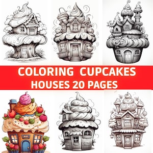 Può includere: Un libro da colorare con sei illustrazioni in bianco e nero di case a forma di cupcake. Il titolo del libro è "Coloring Cupcakes Houses 20 Pages".