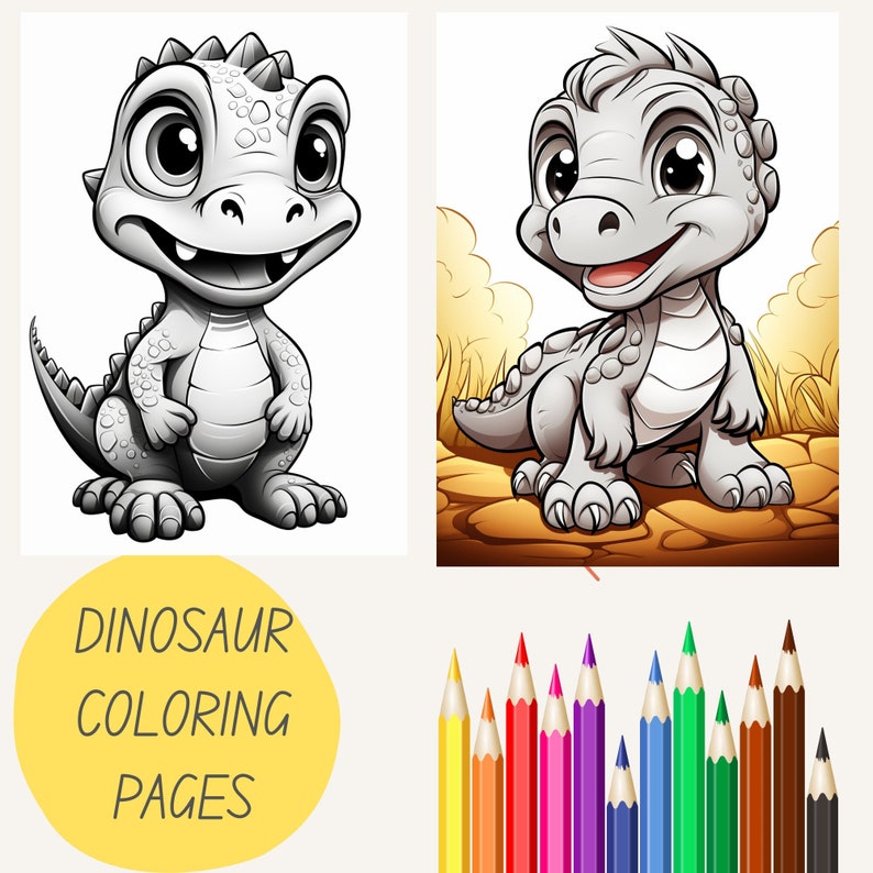 Puede incluir: Una p&aacute;gina para colorear en blanco y negro con un dinosaurio beb&eacute; de dibujos animados con ojos grandes. El dinosaurio est&aacute; de pie sobre sus patas traseras con sus patas delanteras descansando sobre su vientre. La p&aacute;gina incluye un juego de l&aacute;pices de colores.